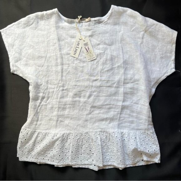 NWT SPAZIOCHIC Italy Made 🇮🇹 100% LINEN crew neck Cap sleeve Peplum Top L - Picture 3 of 7